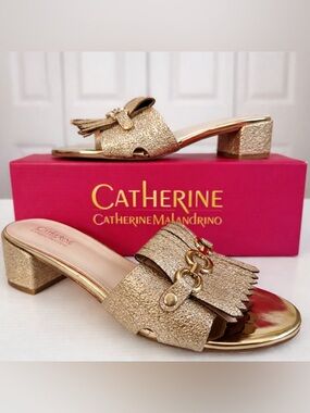 Catherine Malandrino Edelina Gold Fringe Chain Slide Sandals 7.5